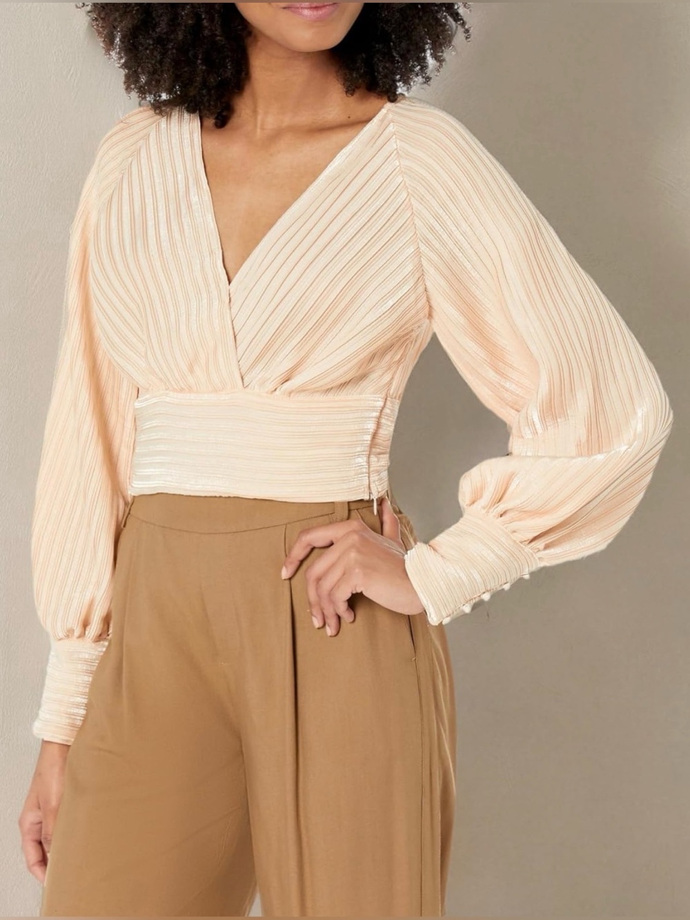 ASTR THE LABEL Pernilla satin blouse top champagne ivory puff sleeve v-neck